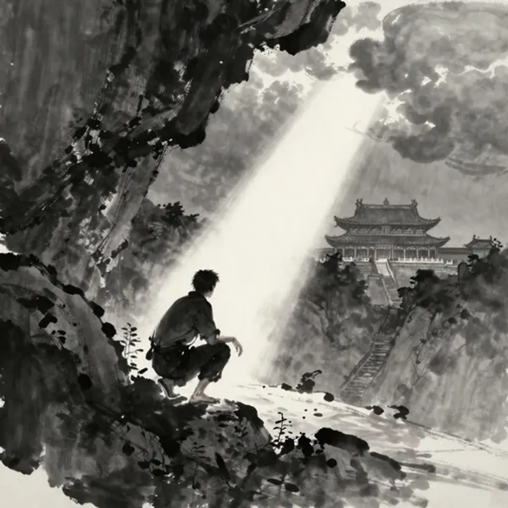 Ink brush artwork for the Yilin verse on Hexagram 63 changing to Hexagram 16