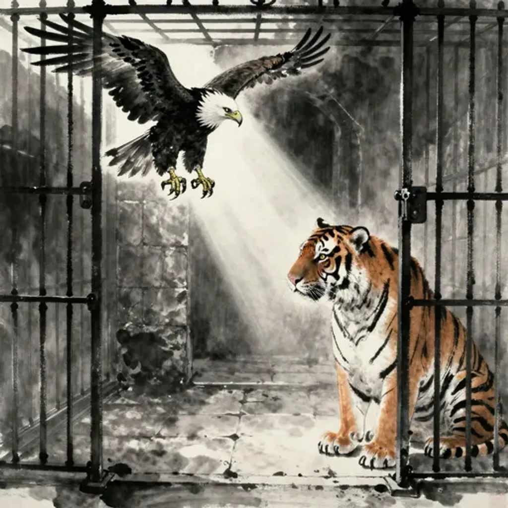 Ink brush artwork for the Yilin verse on Hexagram 63 changing to Hexagram 21