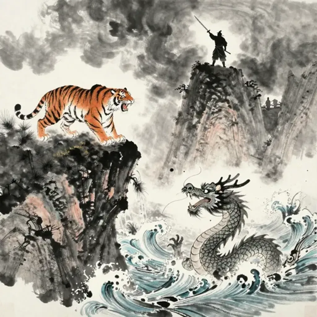 Ink brush artwork for the Yilin verse on Hexagram 63 changing to Hexagram 31