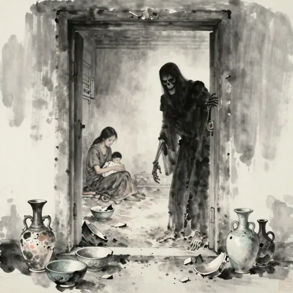 Ink brush artwork for the Yilin verse on Hexagram 63 changing to Hexagram 54