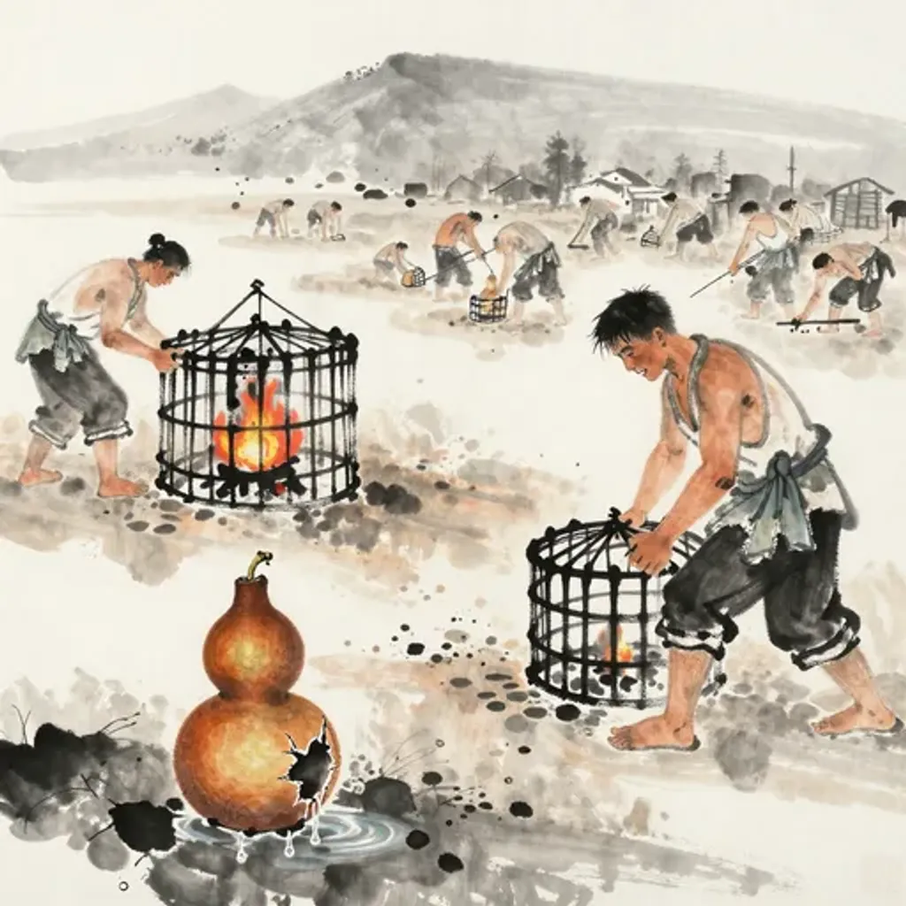 Ink brush artwork for the Yilin verse on Hexagram 64 changing to Hexagram 53
