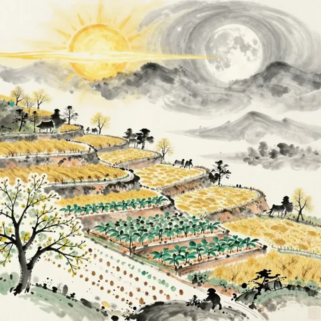 Ink brush artwork for the Yilin verse on Hexagram 7 changing to Hexagram 40