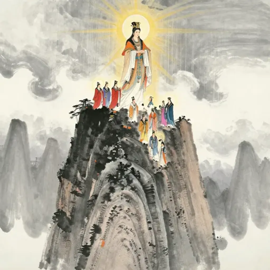 Ink brush artwork for the Yilin verse on Hexagram 7 changing to Hexagram 55