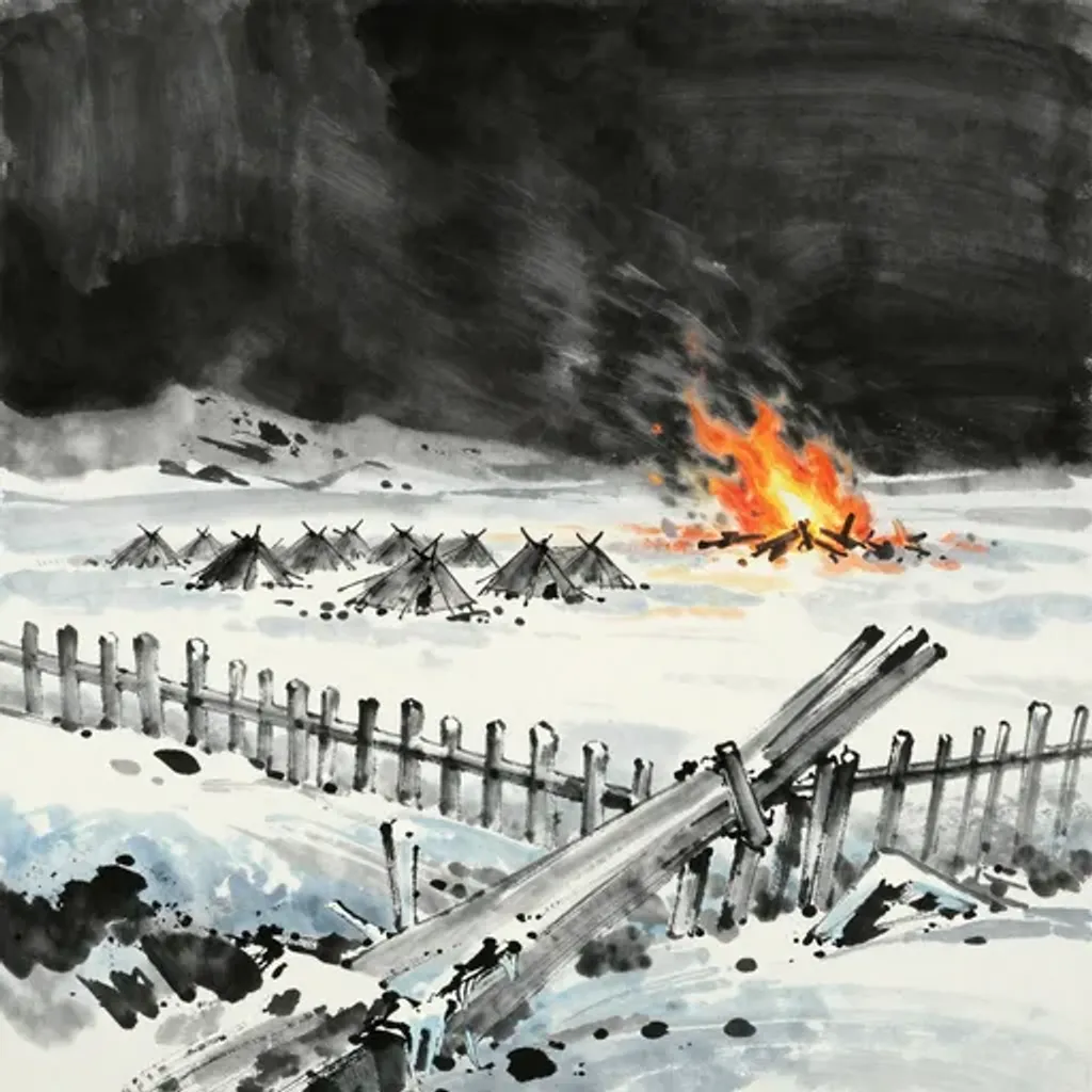 Ink brush artwork for the Yilin verse on Hexagram 7 changing to Hexagram 57