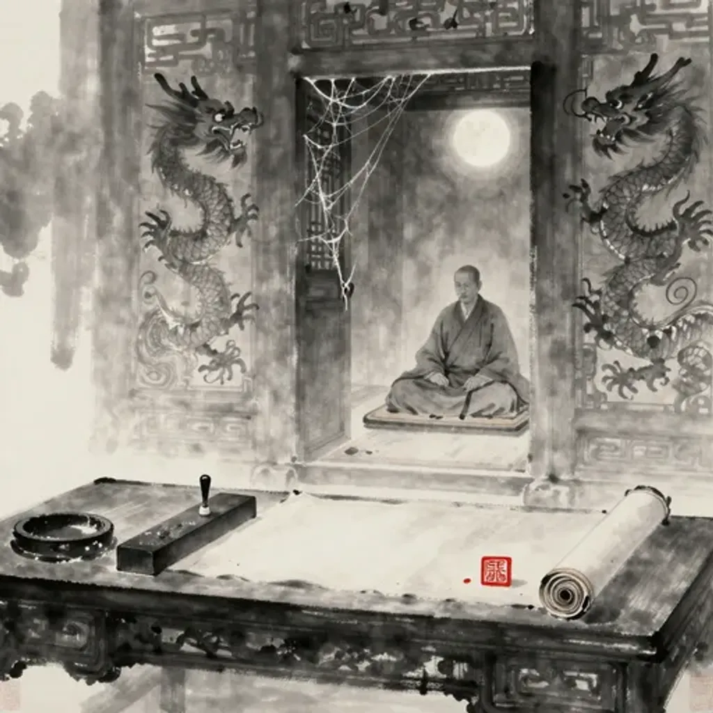 Ink brush artwork for the Yilin verse on Hexagram 8 changing to Hexagram 13