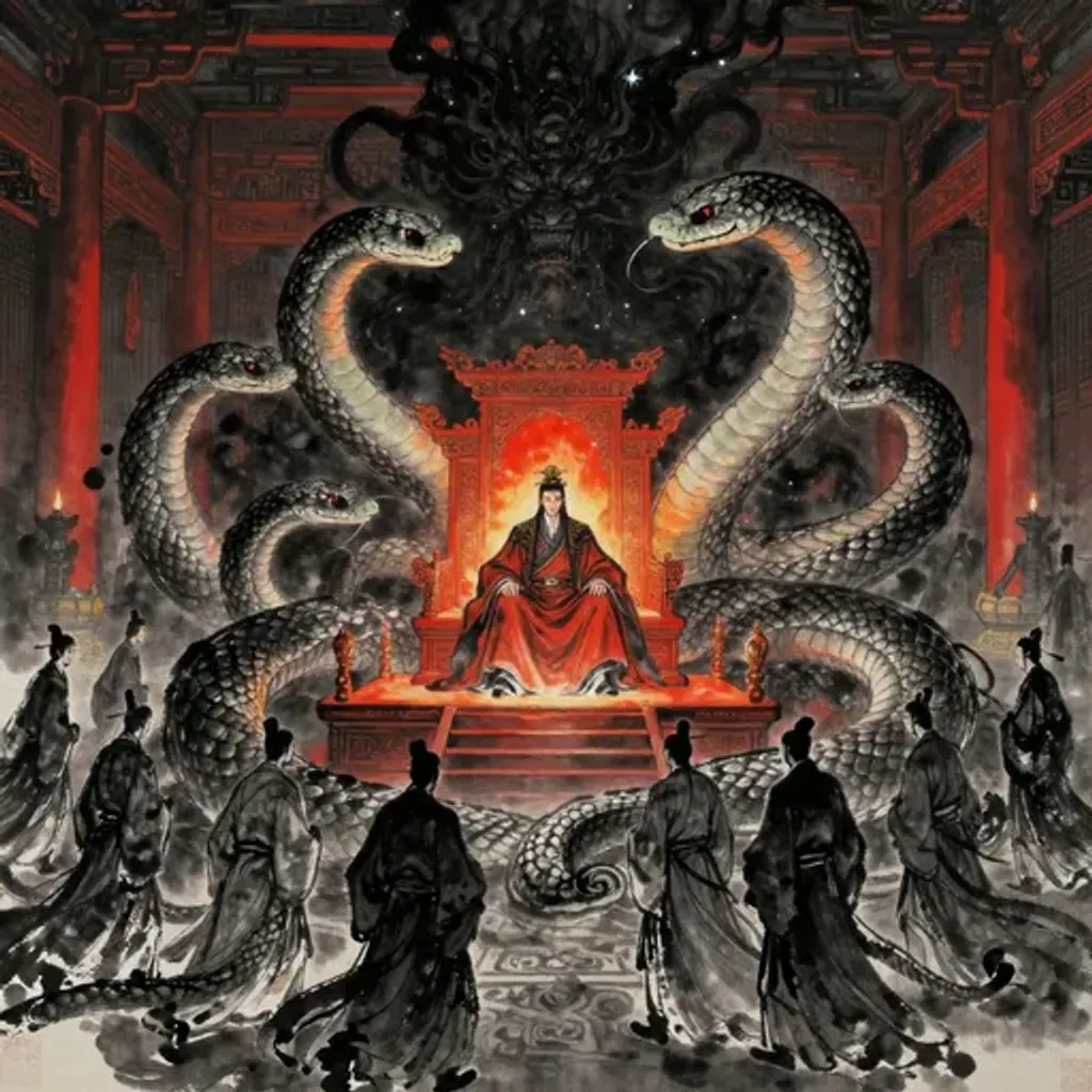 Ink brush artwork for the Yilin verse on Hexagram 8 changing to Hexagram 58