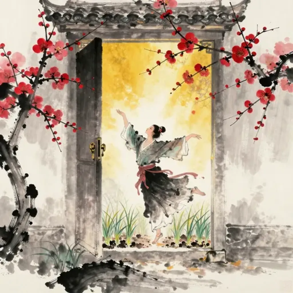 Ink brush artwork for the Yilin verse on Hexagram 8 changing to Hexagram 60
