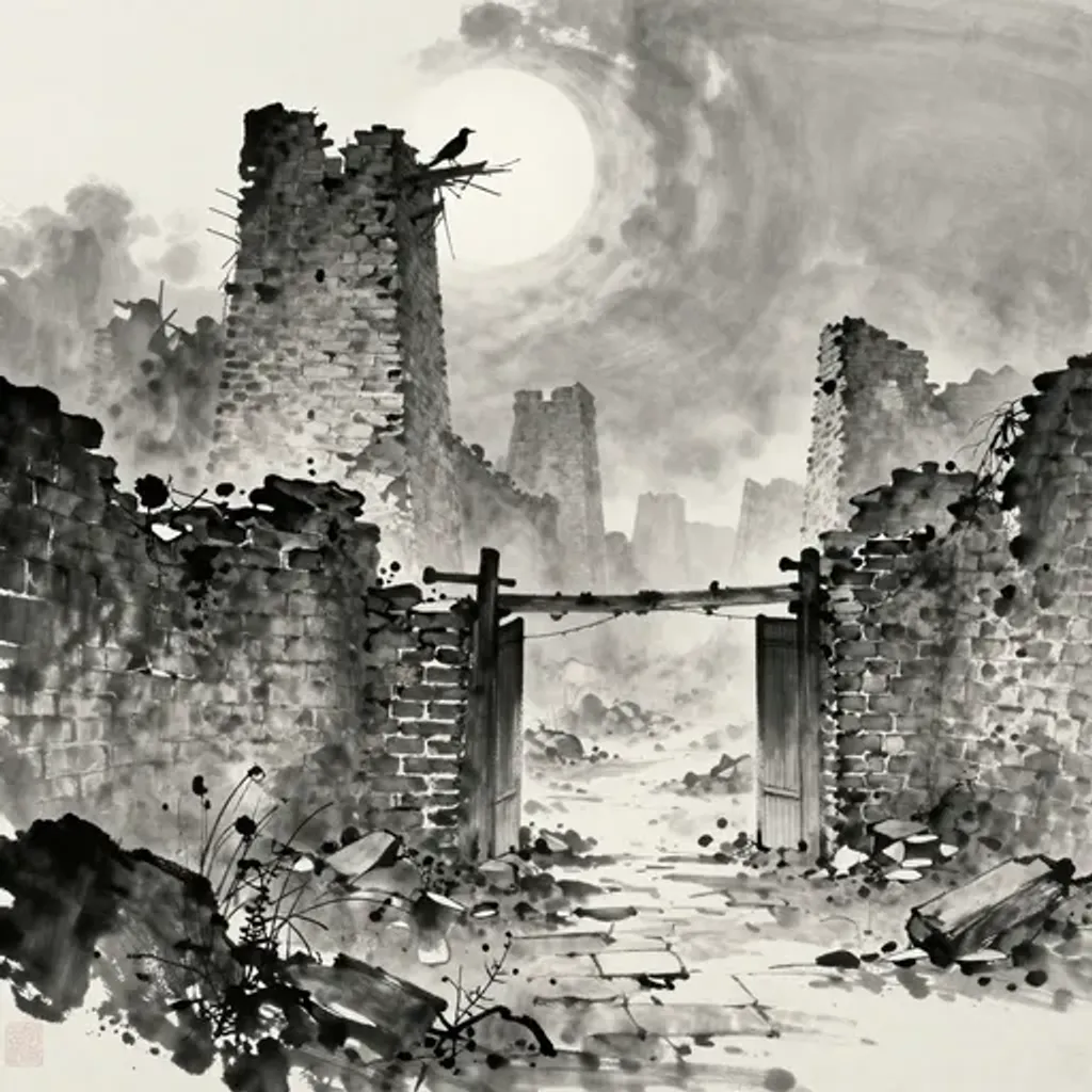 Ink brush artwork for the Yilin verse on Hexagram 8 changing to Hexagram 7