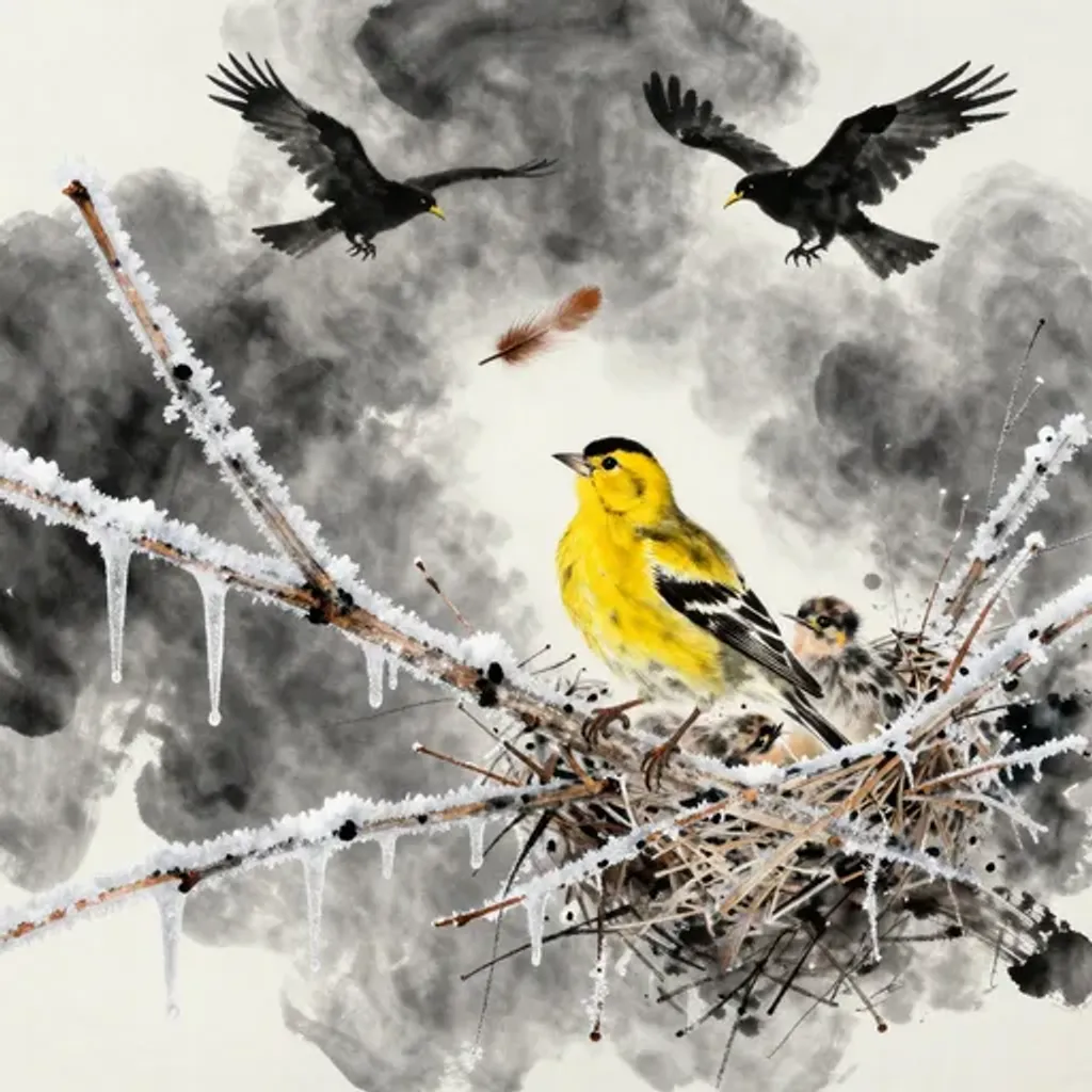 Ink brush artwork for the Yilin verse on Hexagram 9 changing to Hexagram 12