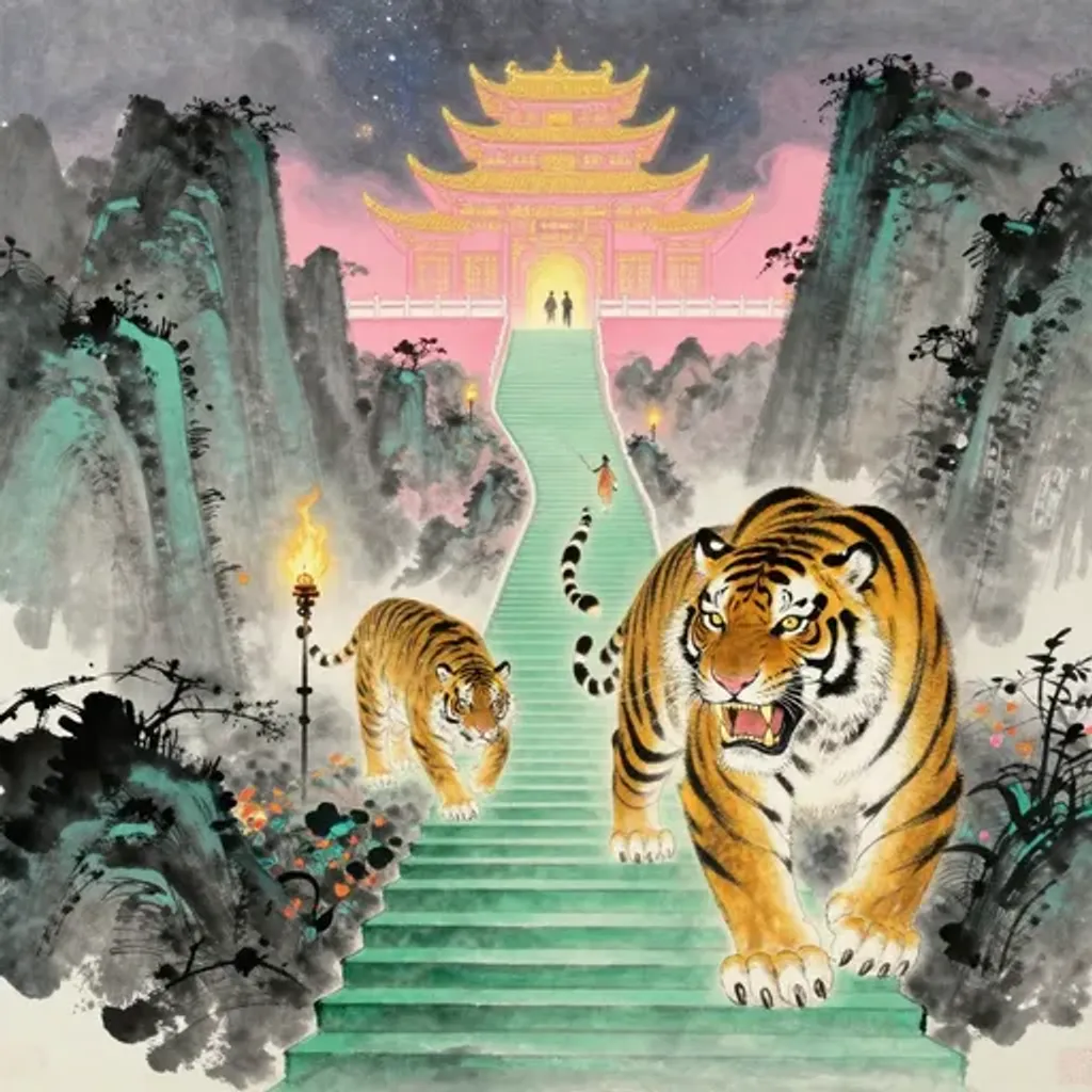 Ink brush artwork for the Yilin verse on Hexagram 9 changing to Hexagram 14