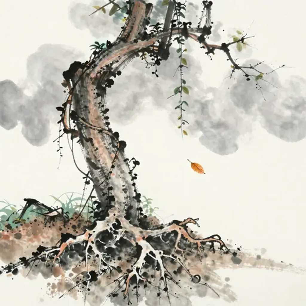 Ink brush artwork for the Yilin verse on Hexagram 9 changing to Hexagram 18