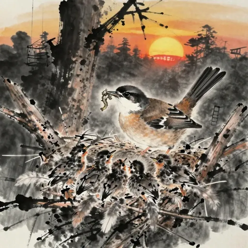 Ink brush artwork for the Yilin verse on Hexagram 9 changing to Hexagram 19