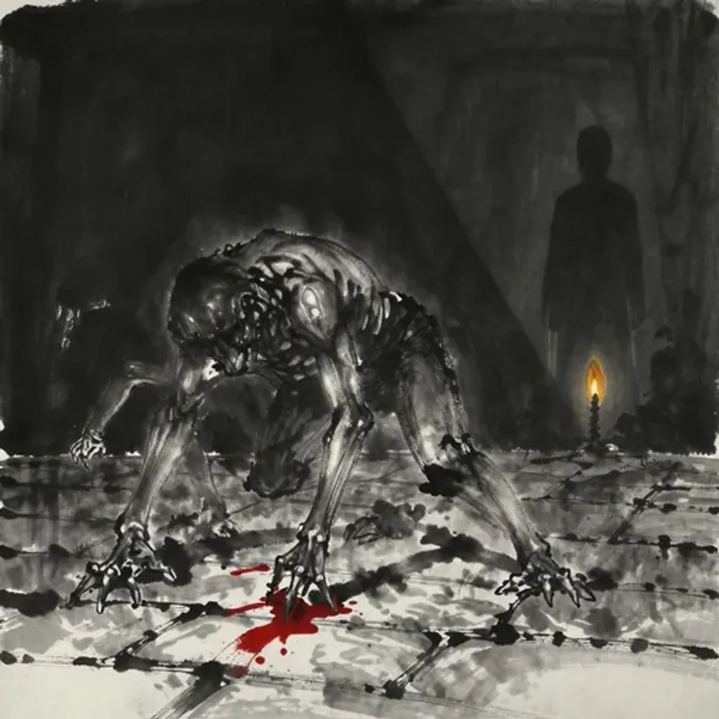 Ink brush artwork for the Yilin verse on Hexagram 9 changing to Hexagram 24