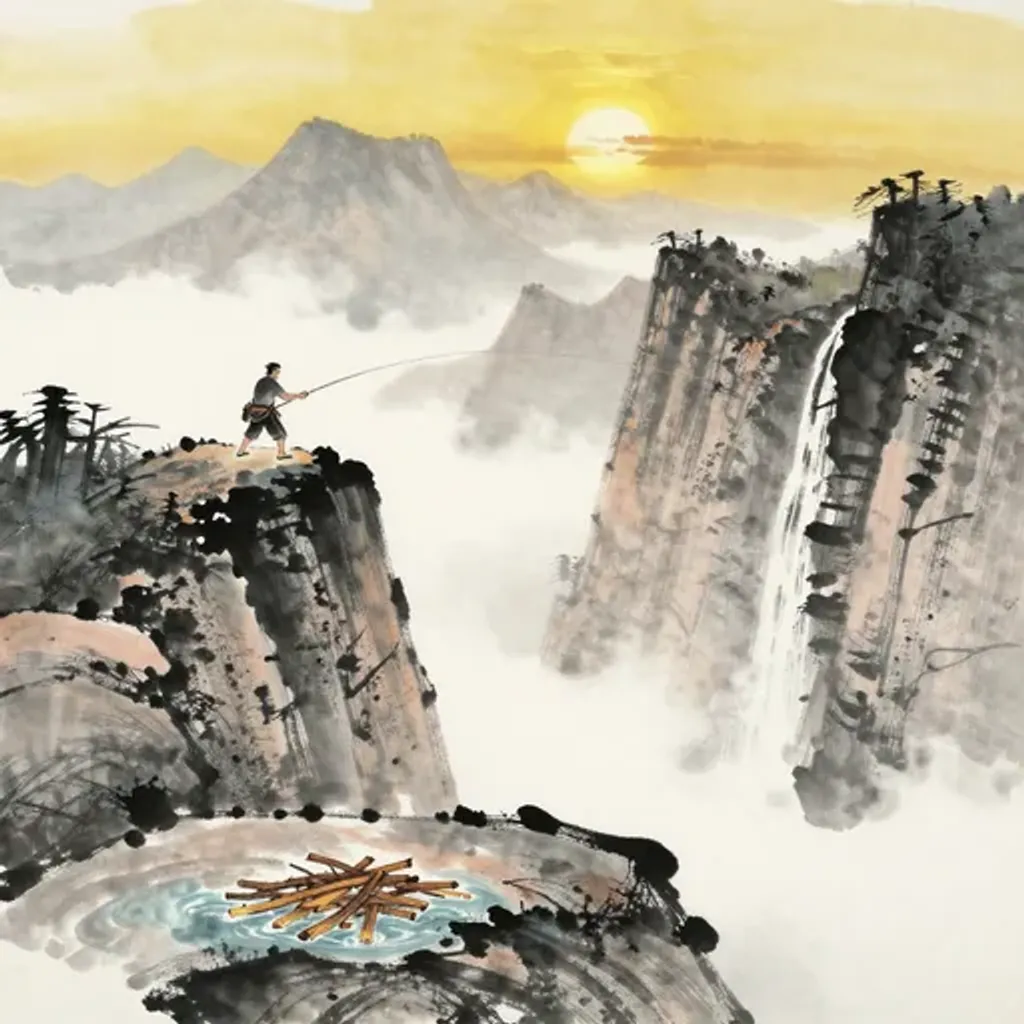 Ink brush artwork for the Yilin verse on Hexagram 9 changing to Hexagram 3