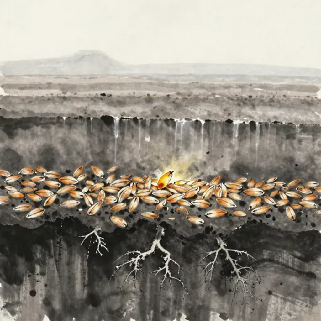 Ink brush artwork for the Yilin verse on Hexagram 9 changing to Hexagram 40
