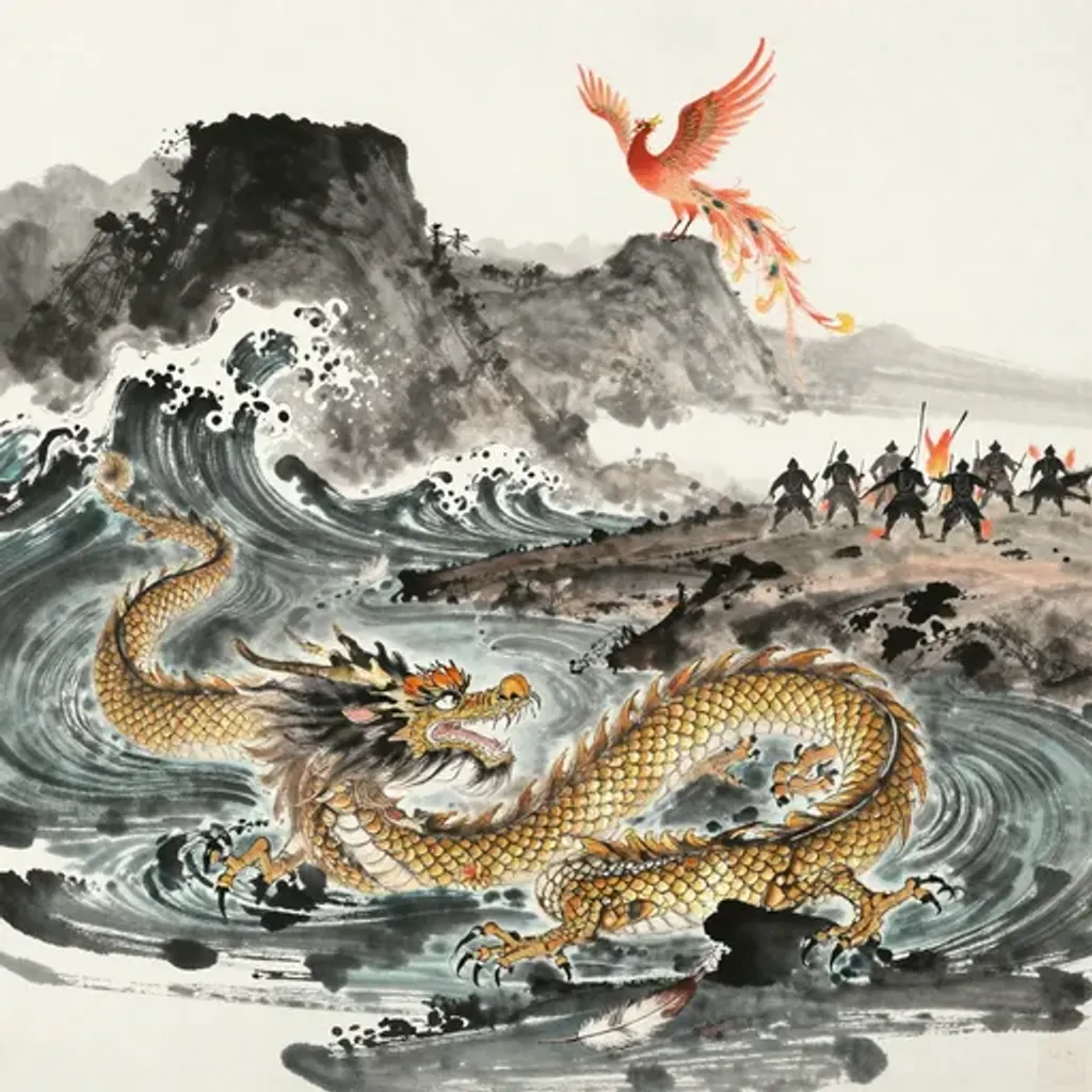 Ink brush artwork for the Yilin verse on Hexagram 9 changing to Hexagram 44