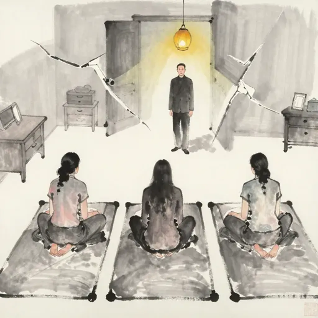Ink brush artwork for the Yilin verse on Hexagram 9 changing to Hexagram 54