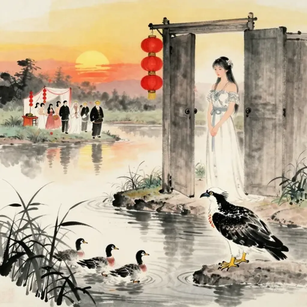 Ink brush artwork for the Yilin verse on Hexagram 9 changing to Hexagram 62
